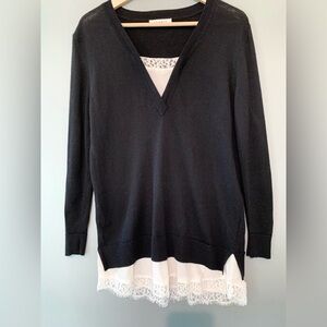 Sandro Paris Black Merino + Silk Wool Sweater w/ Faux Attached Lace Camisole